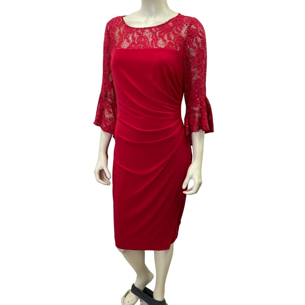Adrianna Papell Red Lace Bell Sleeve Sheath‎ Dress Womens Knee-Length 14 NWT